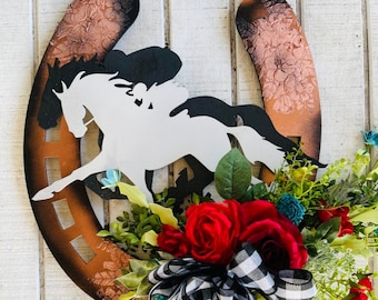 Run for the Rose's Kentucky Derby Racing Horses Wreath - Derby Party Barn Decor - Farmhouse Front Door Decor - Equestrian Horseshoe Wreath