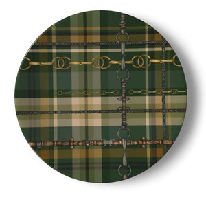 Hunter Green Plaid Equestrian Bit China Plates, Christmas Party Dining Decor