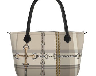 Equestrian Authentic Nappa Leather Designer Zip Top Tote Bag, Elegant Chaos Bit Leather Bag. Original Art Work