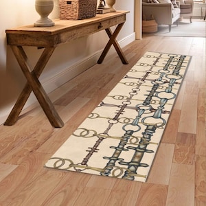 Equestrian Reins and Snaffle Bits Runner Rug - Light Tan Shimmer Rug With Rubber Backing - Equine Home - Horse Lovers Gift