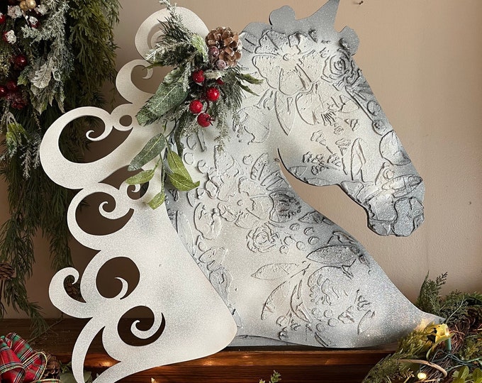 Equestrian Standing Horse Head Decor English Equine Christmas Decor Holiday White Snowflake