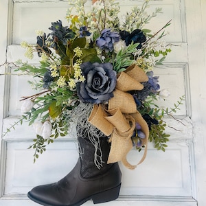 Cowboy Boot Spring Wreath with Chicken Wire Bow - Cowgirl Summer Wreath - Rustic Southern Charm Farmhouse Wreath - Horse Lovers Gift