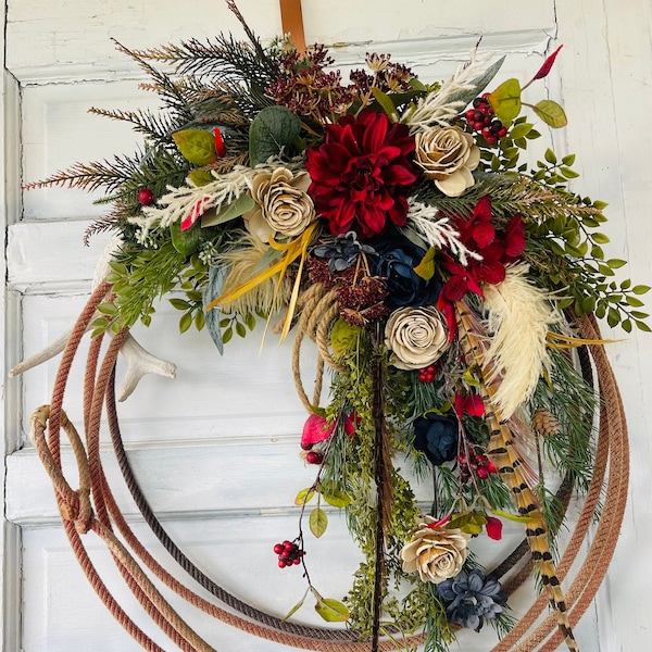 Red, White & Blue Pheasant Feather Floral Lasso Antler Wreath - Cowboy Lariat Rope - Farmhouse Front Door Decor - Rustic Country Door Hanger