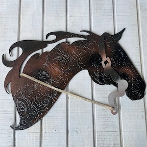 Western Tooled Leather Look Wood Horse w/ Wood bridle and Rein - Patterned BLANK DIY - Faux Leather Cowboy Art - Decorated Available