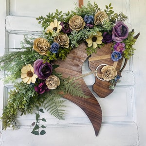 Purple & Blue Horse Head Wreath with Wood and Silk Flowers Gold Embellished Bridle Walnut Horse Head Door Hanger image 1