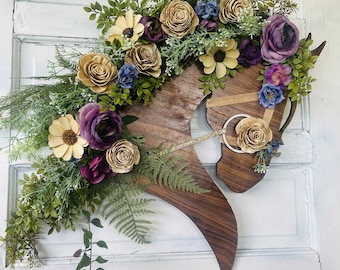 Purple & Blue Horse Head Wreath with Wood and Silk Flowers - Gold Embellished Bridle Walnut Horse Head Door Hanger