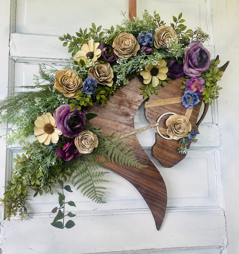 Purple & Blue Horse Head Wreath with Wood and Silk Flowers Gold Embellished Bridle Walnut Horse Head Door Hanger image 1