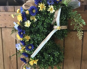 Spring/Summer Horse Head Wreath with Blue and Yellow Flowers - Equestrian/Horse Lovers Gift
