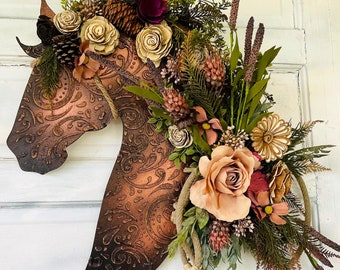 Leather Look Wood Flower Horse Head Wall Art Door Wreath - Faux Leather Western Tooled Cowboy Art - Rustic Lariat Decor - Horse Lover Gift