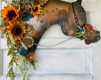 Wood Arabian Door Hanger - Equestrian Wreath or Artisan Horse Decor - SouthWestern Sunflower Arabian Wreath- Rhinestone Accent