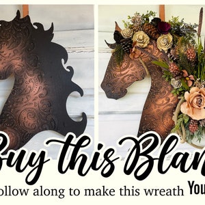 Leather Look Wood Flower Horse Head Wall Art Door Wreath Faux Leather Western Tooled Cowboy Art Rustic Lariat Decor Horse Lover Gift image 3