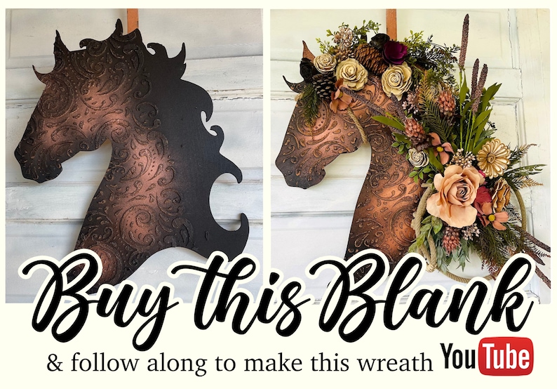 Leather Look Wood Flower Horse Head Wall Art Door Wreath Faux Leather Western Tooled Cowboy Art Rustic Lariat Decor Horse Lover Gift image 3