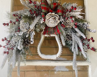 Dressage/Jumping/Gaited/Heart Horse Red Berry and White Winter Swag Wreath - English Country - Equestrian Farmhouse