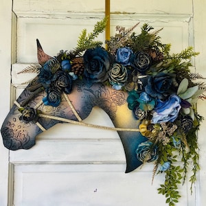 Blue Copper Autumn/EveryHorse EveryDay Horse Head Wreath/Wall Decor - Blue Floral Front Door Hanger - Multi-Media Horse Art