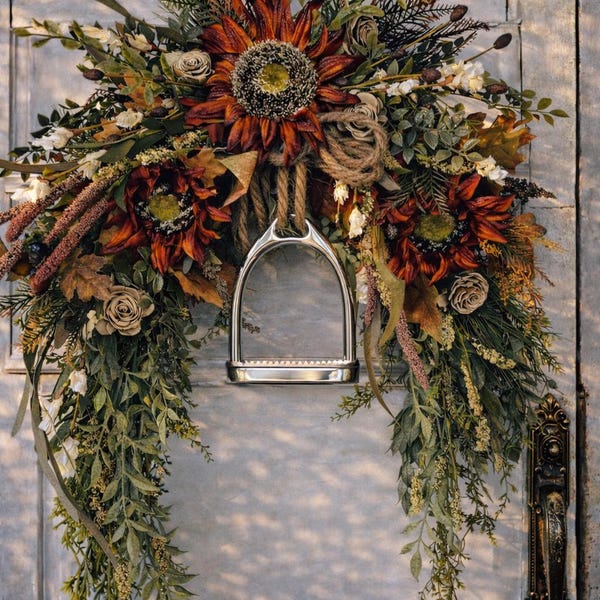 Autumn Sunflower Swag Wreath with Horseshoe - Rustic Sunflower Fall Wreath - Equestrian Decor - Farmhouse Swag with English Western Stirrup