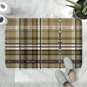 Tan Mustard cream Plaid with Snaffle Bit  artwork Memory Foam Bath Mat