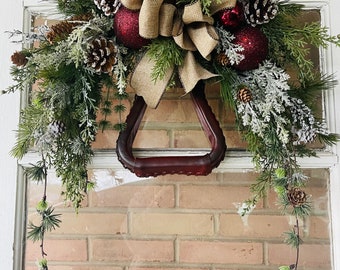 Rustic Country Christmas Wreath - Farmhouse Horseshoe Wreath Swag - Cowboy Christmas Wreath - Country Christmas Collection