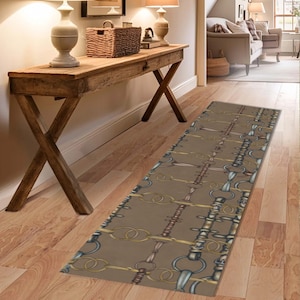 Equestrian Reins and Snaffle Bits Runner Rug - Brown Shimmer Rug With Rubber Backing - Equine Home - Horse Lovers Gift