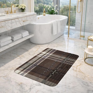 Dark Brown Tan cream Plaid with Snaffle Bit  Artwork Memory Foam Bath Mat