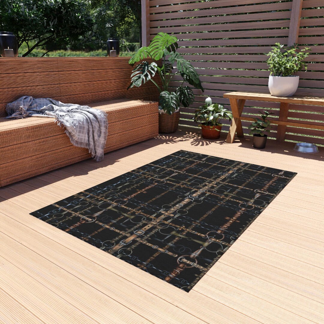 Horse Lovers Plaid Snaffle Bit and Rein Designed Outdoor Rug. Horse ...