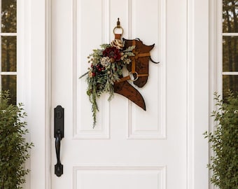 Decoración rústica navideña de cabeza de caballo de madera y pino y cuero. Decoración de pared de puerta de granero de cuero para el hogar - Decoración de cuero para el hogar para amantes de la equitación