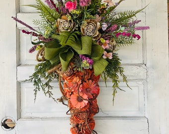 Rustic Natural Wood Organic Carrot Wreath - Wood Flower Burlap Rope Bow Easter Door Hanger - Grapevine wrapped wild Flower Topper