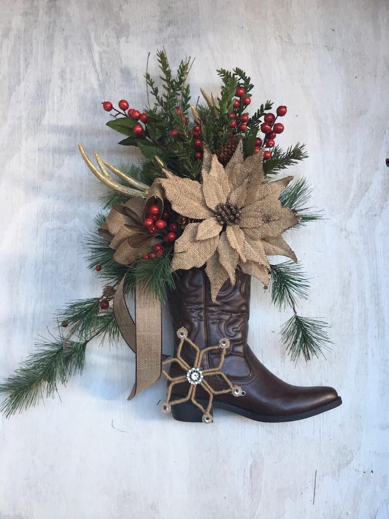 Cowboy Christmas Boot Wreath With Antlers Deer Antler Wreath Etsy