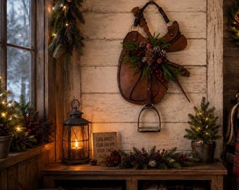 Dressuur kerstzadel, leer, messing, hout, kunst. Authentieke leren en Engelse stijgbeugel decoratie voor huis, schuurdeur of muur - cadeau voor paardenliefhebbers.