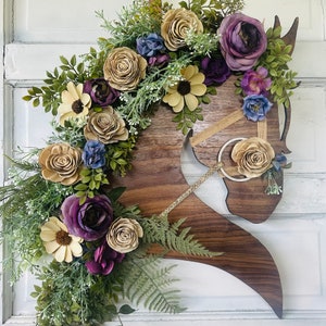 Purple & Blue Horse Head Wreath with Wood and Silk Flowers Gold Embellished Bridle Walnut Horse Head Door Hanger image 3