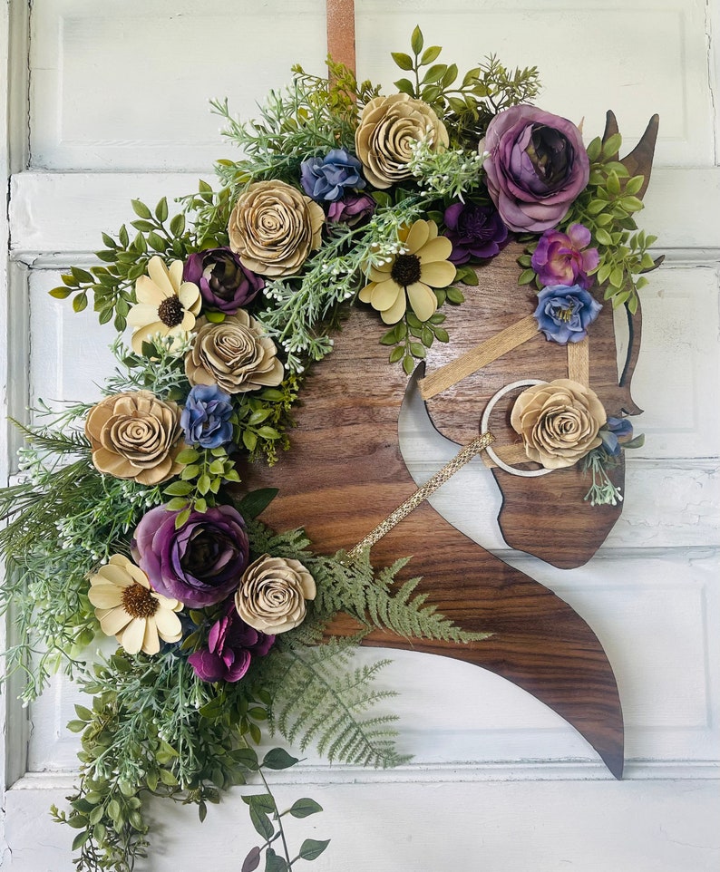 Purple & Blue Horse Head Wreath with Wood and Silk Flowers Gold Embellished Bridle Walnut Horse Head Door Hanger image 3