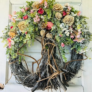 Tree of Life w/ Braided Wood Knots . Flowering Tree of Life LARGE Abundant Floral Wreath - Front Door Tree Art Hanger - Family Tree