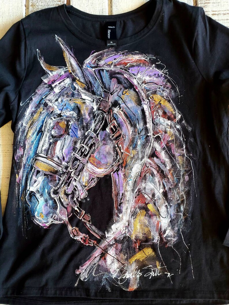 Dressage Horse Head Ladies Hand Painted Shirt Unique Equestrian Apparel Gift image 5