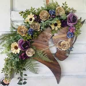 Purple & Blue Horse Head Wreath with Wood and Silk Flowers Gold Embellished Bridle Walnut Horse Head Door Hanger image 2