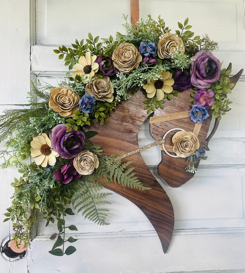 Purple & Blue Horse Head Wreath with Wood and Silk Flowers Gold Embellished Bridle Walnut Horse Head Door Hanger image 2