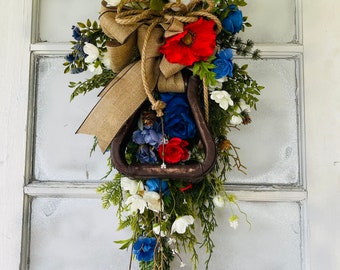 Western Stirrup Patriotic Swag Wreath - Red, White and Blue Farmhouse Decor - Rustic Fourth of July Horse Decor - Flag Day Wreath