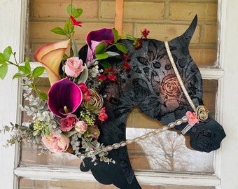 Spring Arabian Wood Flower Horse Head Wall Art or Door Hanger - Ready to Ship- Equestrian Wreath or Artisan Horse Decor