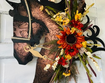 Orange Rust Autumn Horse Head Wreath with Wood and Silk Flowers - SunFlower Equestrian Door Hanger