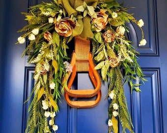 Deluxe Crescent Swag Stirrup Wreath - Rustic Wood Rose Stirrup Wreath with Green Burlap Ribbon