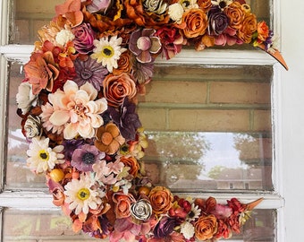 Elegant Botanical Crescent Moon Wreath - Soft Fall Orange Colors with a Hint of Purple - Wood Moon Gilded Wreath