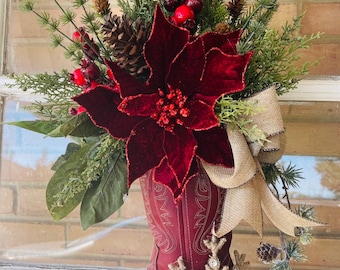 Cowboy Rustic Country Christmas - Christmas Cowboy Boot Wreath - Western Boot Farmhouse Christmas Decor