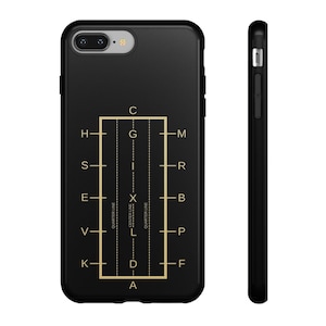 May include: Black phone case featuring a gold equestrian dressage arena diagram. The diagram includes letters A, K, V, E, S, H, C, G, M, R, B, P, F, L, D, and X. The case is shown from the front and side.