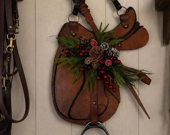 Dressage Christmas saddle,  Leather, Brass, Wood,  Art. Authentic Leather & English Stirrup Home Barn Door Wall Decor - Horse Lover gift