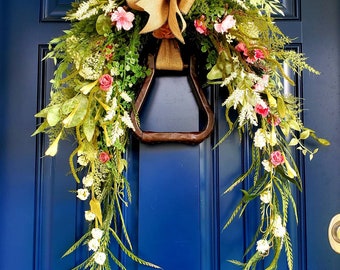 Country Western Swag Wreath - Farmhouse Decor - Western Stirrup Cowgirl Wreath - Rustic Country Living Swag