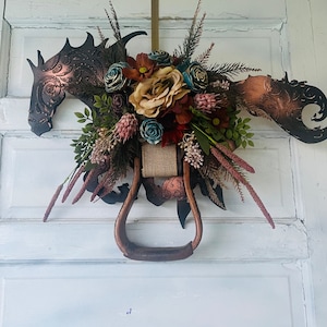 Wood running mustang Horse Wreath with authentic English or western stirrup. Multi-Media Equestrian Art.