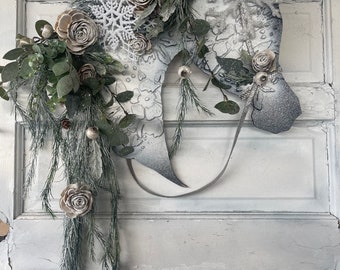 Kerstmis Arabische houten paardenkop muur decor - wit hout paard winterkrans - aangepaste kleuren beschikbaar - multi-media hippische kunst