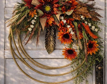 Autumn Western Lasso Wreath with Burlap - Fall Rustic Lariat Wreath with Horseshoe