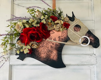 A Run for the Rose&#39;s Horse Head Wreath - Kentucky Derby Equestrian Door Hanger - Off to the Races Party Decor - Horse Racing Stable Decor