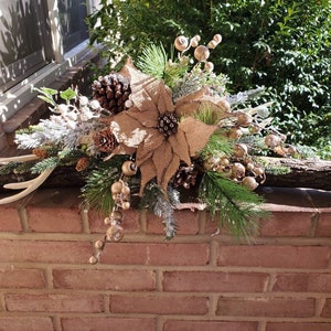 Rustic Burlap Poinsettia and Antler Centerpiece/Mantle Decoration - Available in Custom Colors and Without Antlers - Farmhouse Christmas
