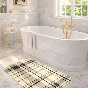 Black cream Ivory Plaid with Snaffle Bit artwork  Memory Foam Bath Mat