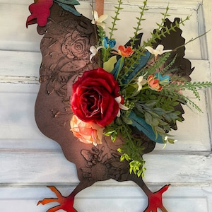 Spring Chicken Spring/Summer/Everyday Wreath - Wood Floral Rustic Chicken Wall Art or Door Hanger - Country Farmhouse Front Door Decor